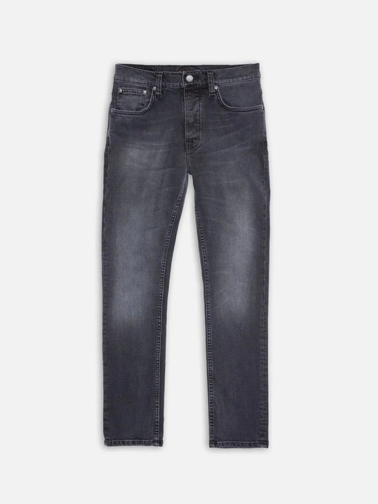 Herrjeans i mörkgrå denim med femficksdesign och lätt slitna detaljer, plattläggning.