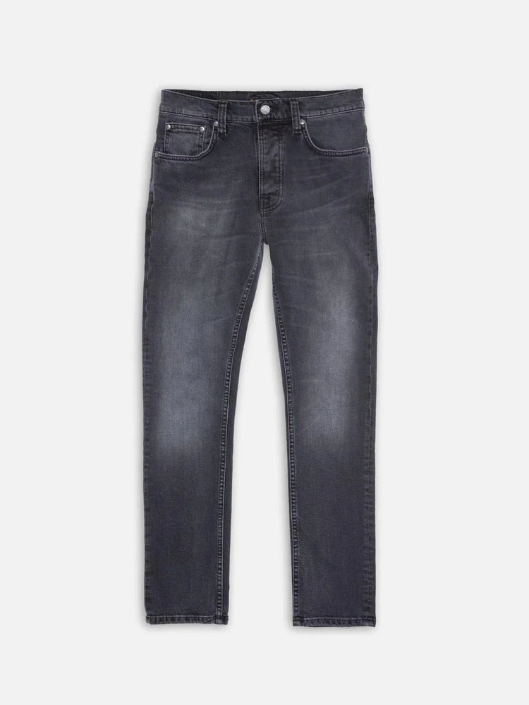 Herrjeans i mörkgrå denim med femficksdesign och lätt slitna detaljer, plattläggning.