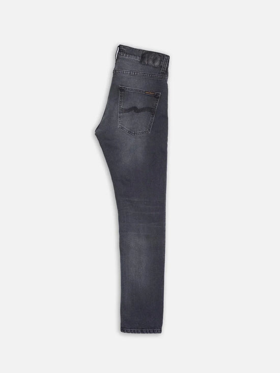 Mörkgrå herrjeans, smal passform, klassiska detaljer, produktfoto mot vit bakgrund