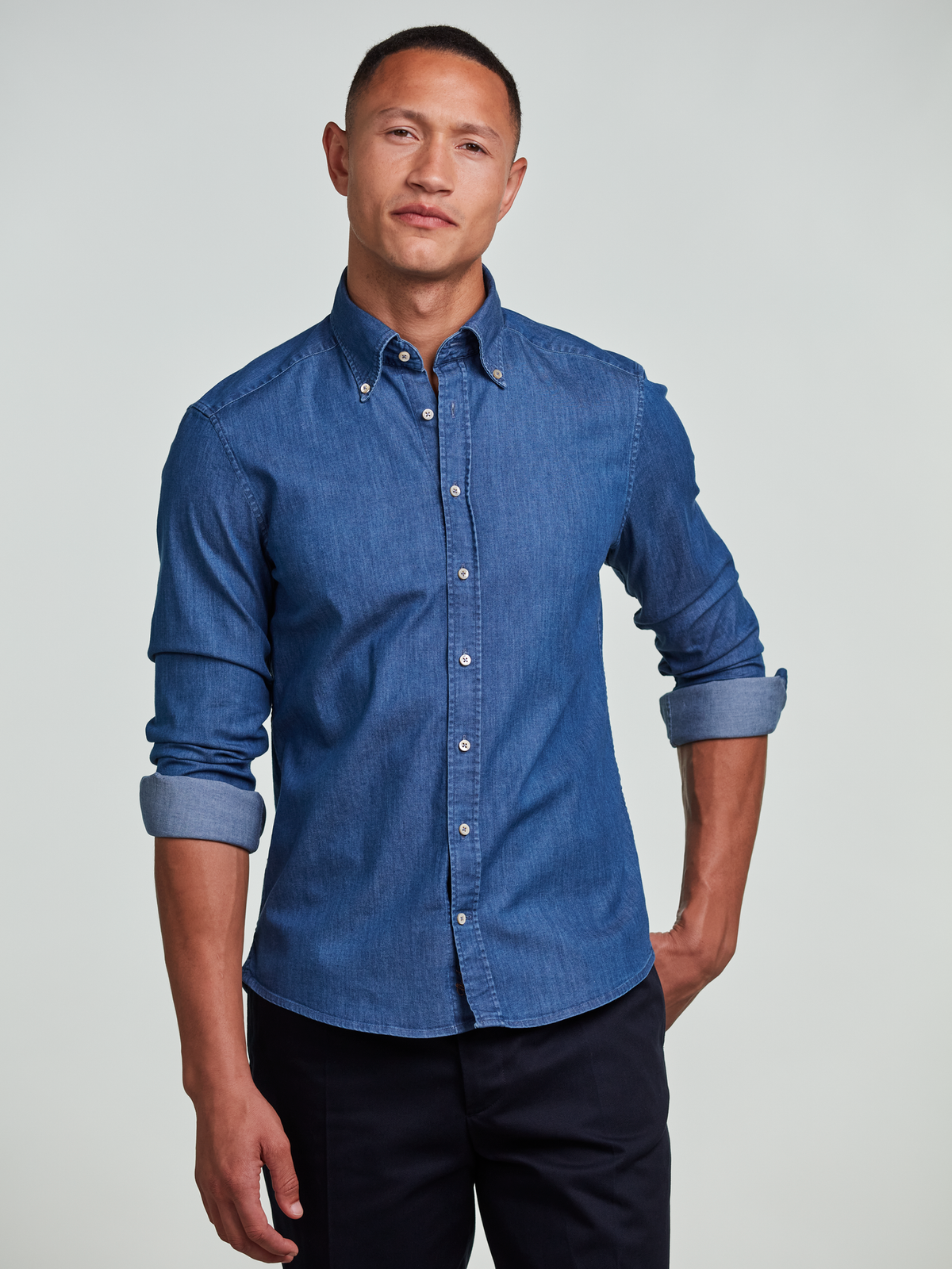 Casual jeans stretchskjorta Slimline - Blå – modellbild