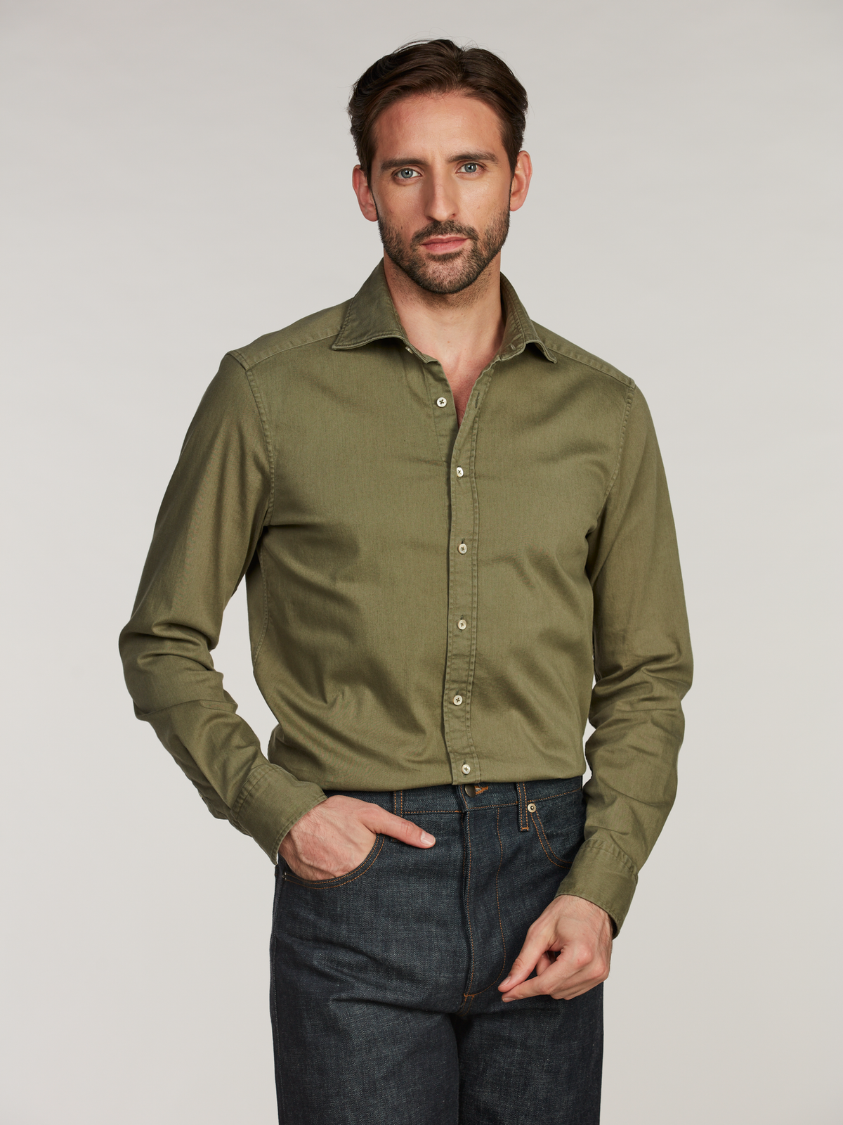 Casual jeans stretchskjorta Slimline - Grön – modellbild