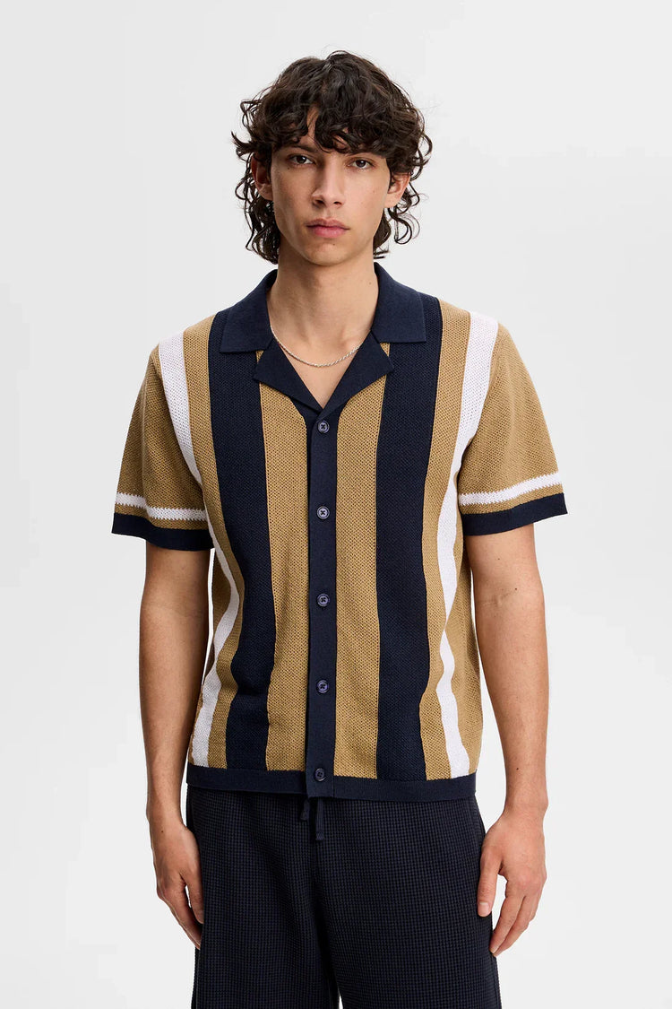 Eton randig tröja med knappar, mörkblå och beige, herr
