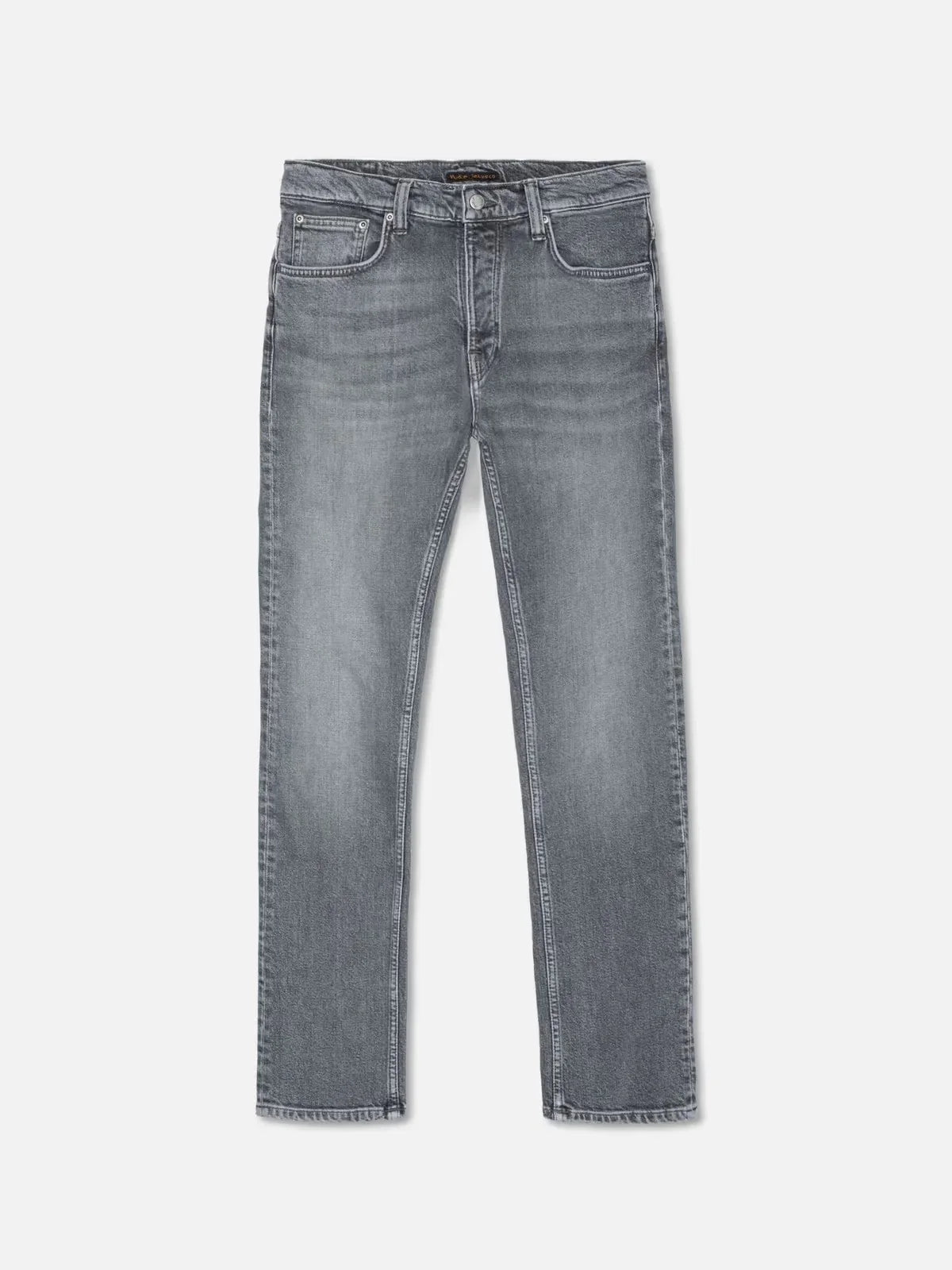 Grå herrjeans med rak passform, klassisk femficksdesign och tvättad look mot vit bakgrund