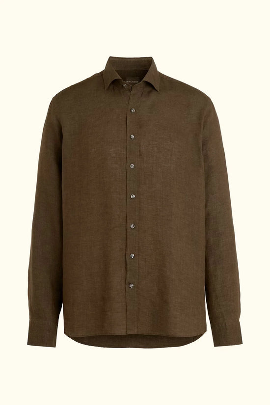 Oscar Jacobson brun linneskjorta herr regular fit cut away