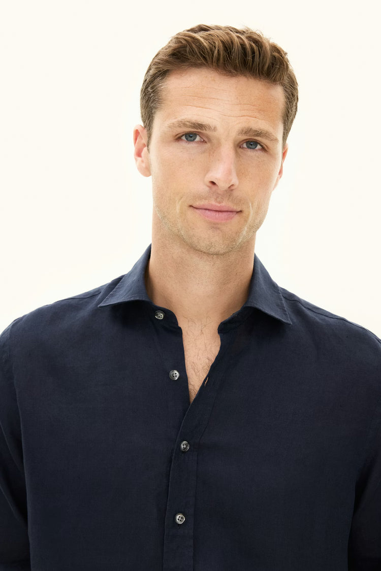 Reg Fit Cut Away Linen Shirt - 210 Navy