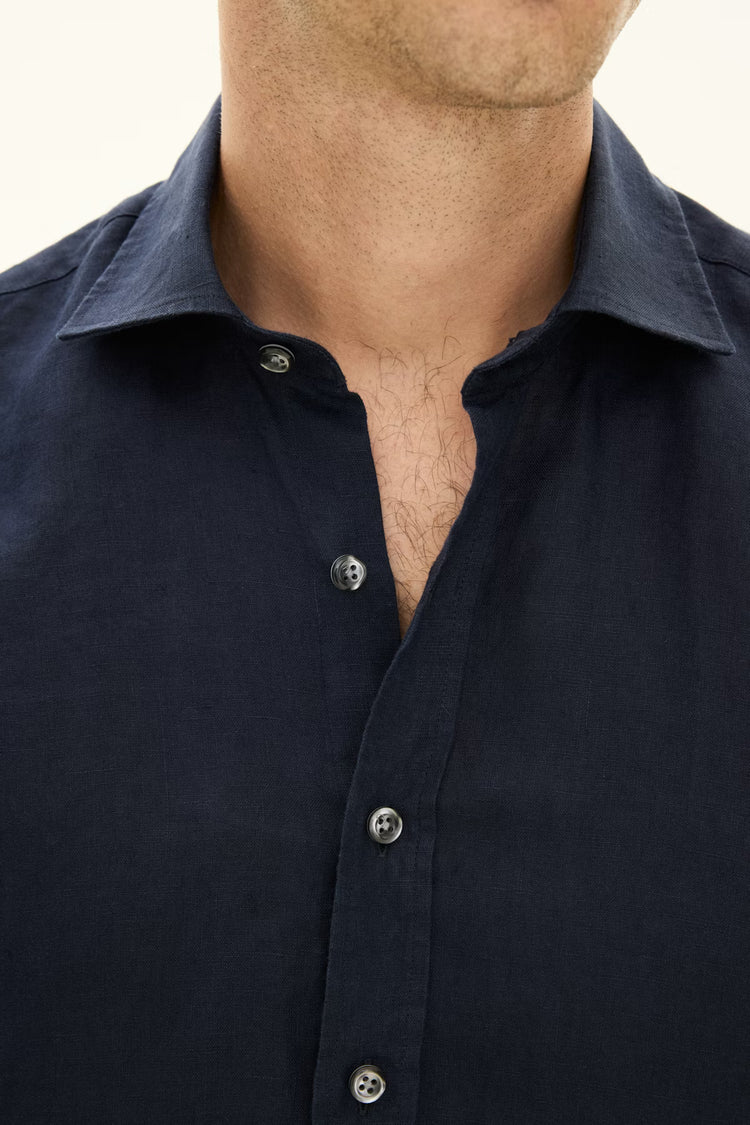 Reg Fit Cut Away Linen Shirt - 210 Navy