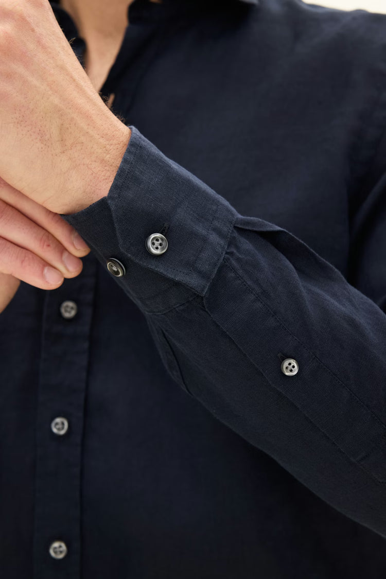 Reg Fit Cut Away Linen Shirt - 210 Navy