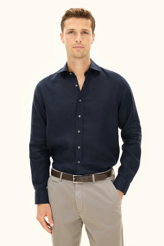 Reg Fit Cut Away Linen Shirt - Navy