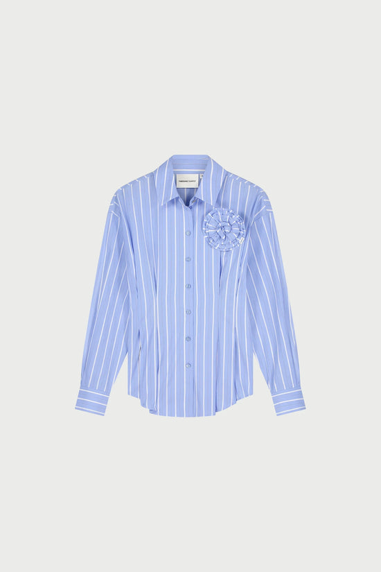 Irina blå randig blus med blomdetalj, långärmad damblus