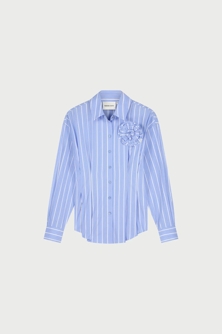 Irina blå randig blus med blomdetalj, långärmad damblus