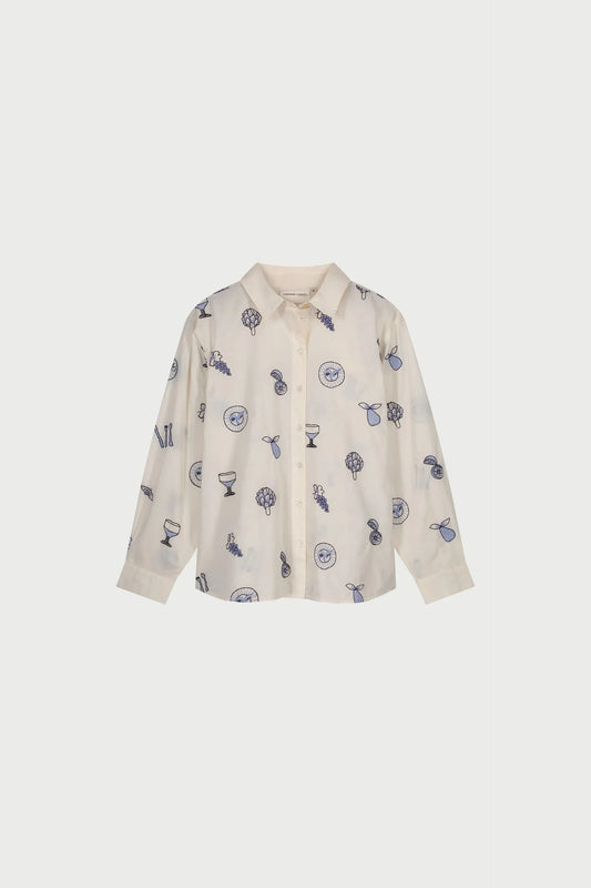 Lilot Blouse vit skjorta med blå mönster och långa ärmar