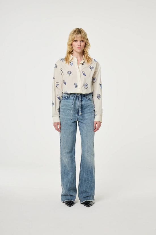 Lilot Blouse creme mönstrad blus lång ärm dam