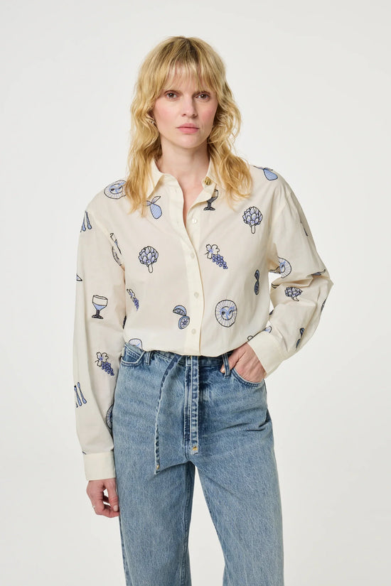 Lilot Blouse cremevit blus med blå mönster, lång ärm, dam