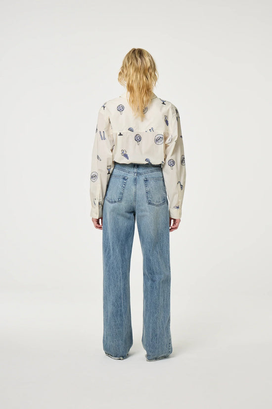 Lilot Blouse beige skjorta med blå mönster, långärmad damblus