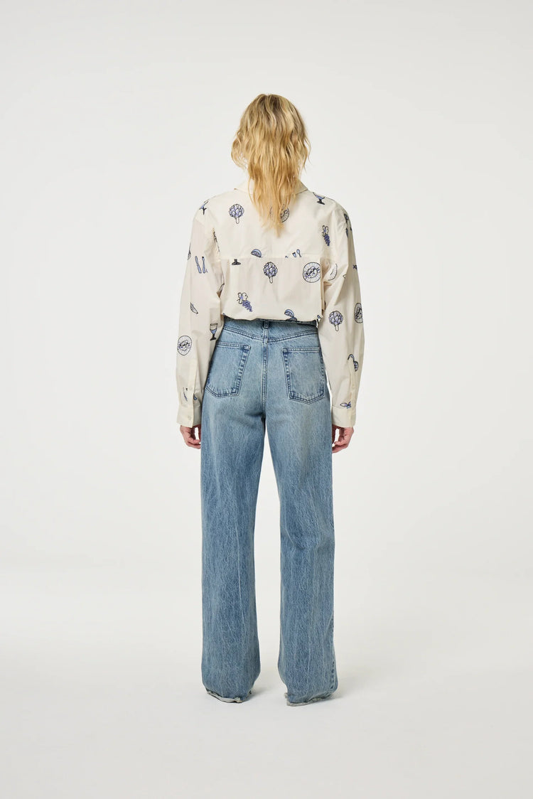 Lilot Blouse beige skjorta med blå mönster, långärmad damblus