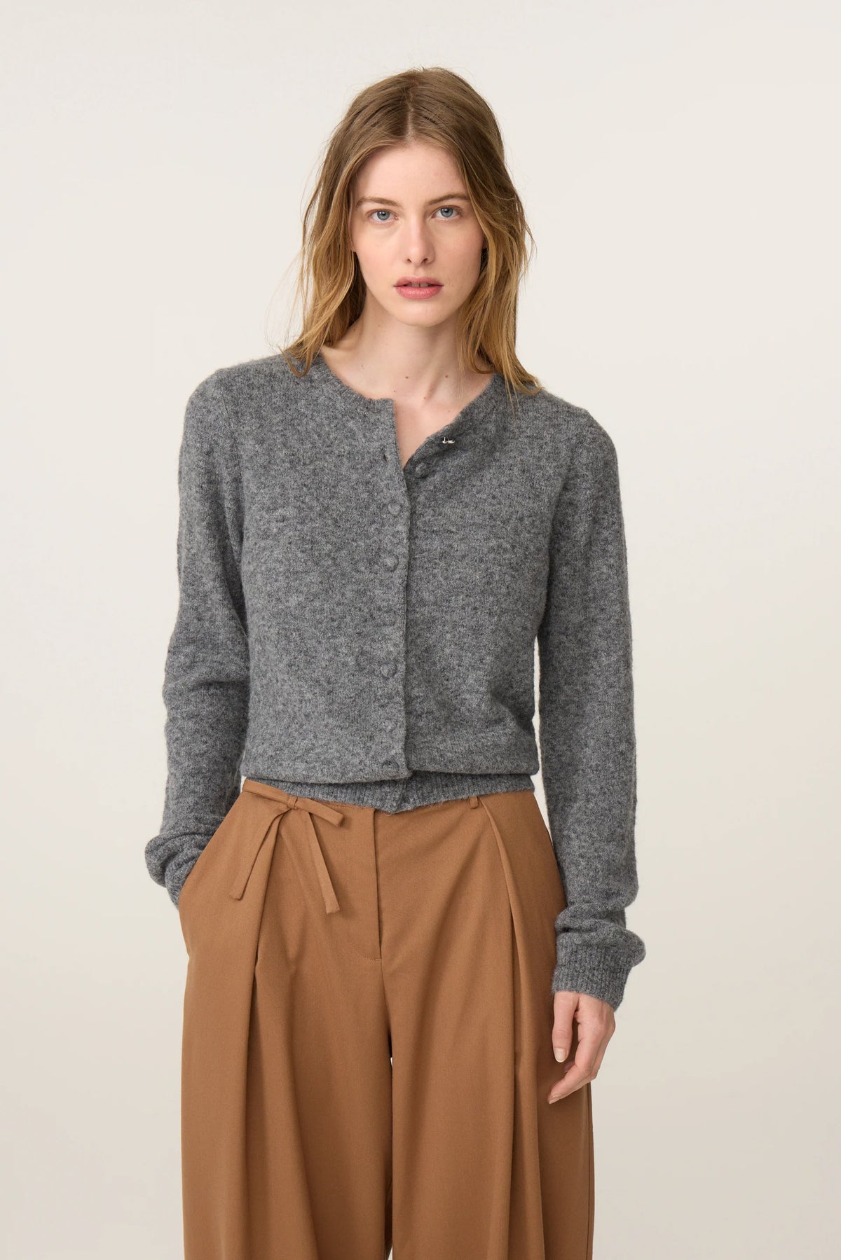 Lidia Button Cardigan - Mid Grey Melange
