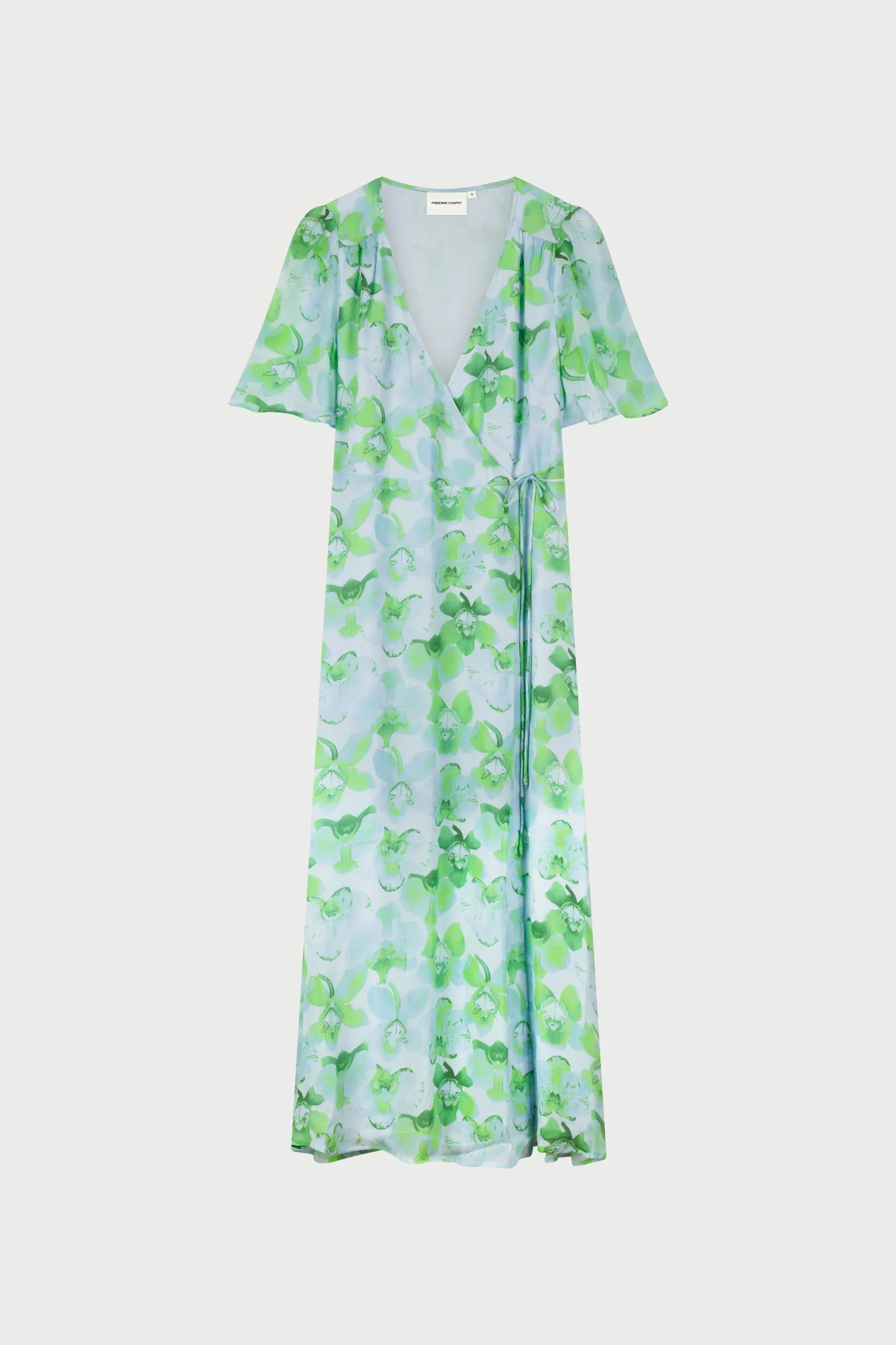 Fabienne Chapot grön blommig klänning med V-ringning och kortärmad design