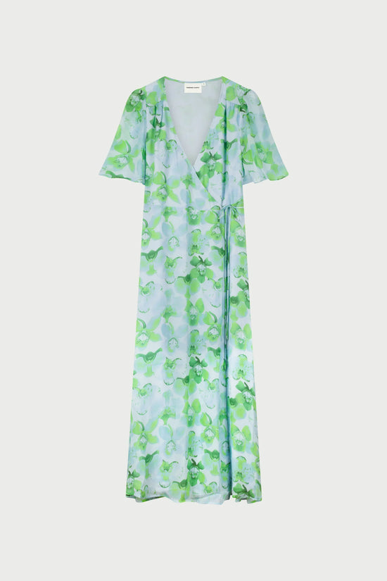 Fabienne Chapot grön blommig klänning med V-ringning och kortärmad design
