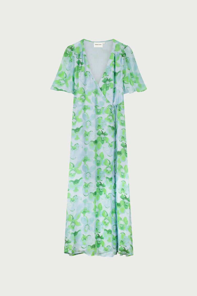 Fabienne Chapot grön blommig klänning med V-ringning och kortärmad design