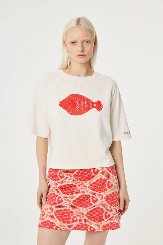 Chapelle vit t-shirt med röd fiskapplikation herr