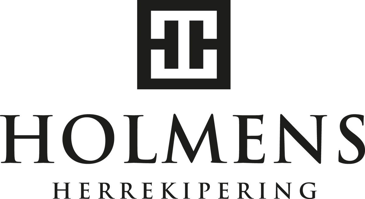 Svartvit logotyp med stiliserade bokstäver och texten Holmens Herrekipering.