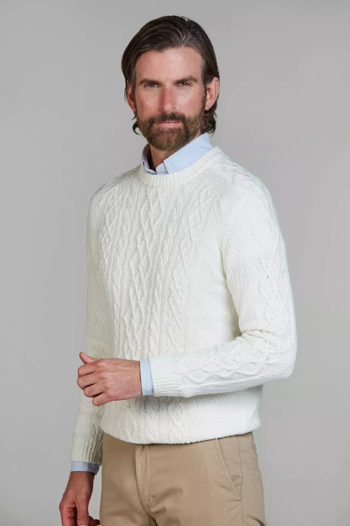 Hansen and Jacob offwhite kabelstickad crew neck tröja herr