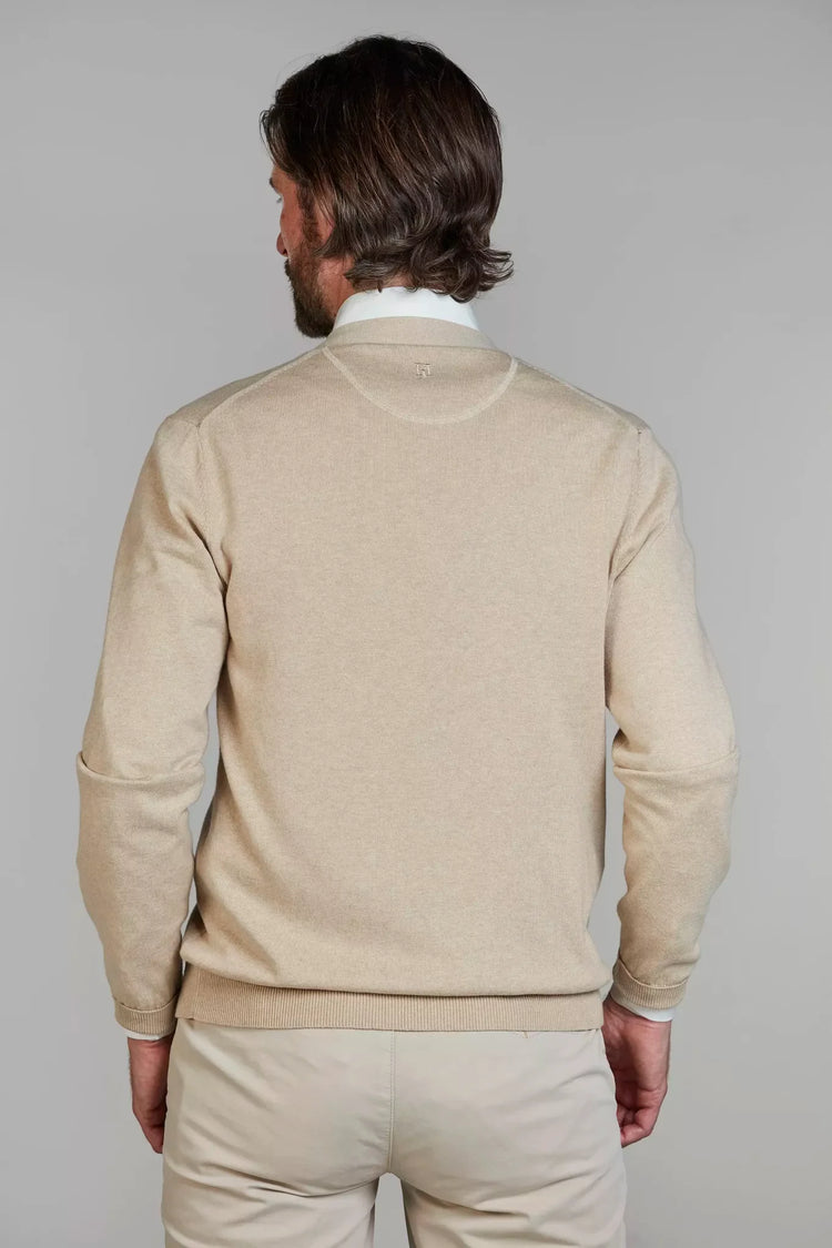 Hansen and Jacob sandfärgad Sleek Cardigan herrstickad tröja bak