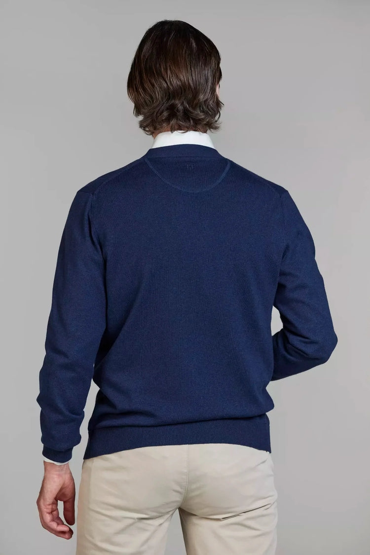 Hansen and Jacob navy blå cardigan herrstickad Sleek Cardigan rygg