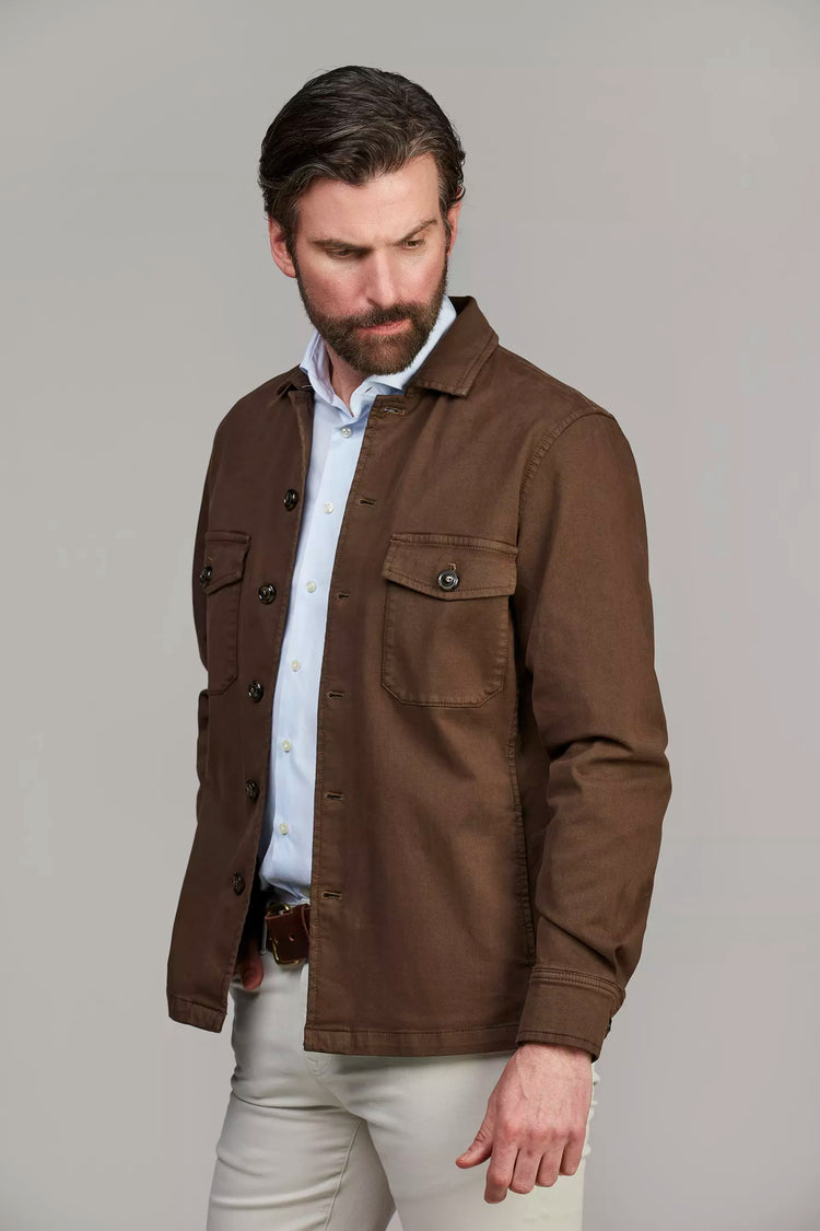 HERRINGBONE STRETCH OVERSHIRT - BROWN