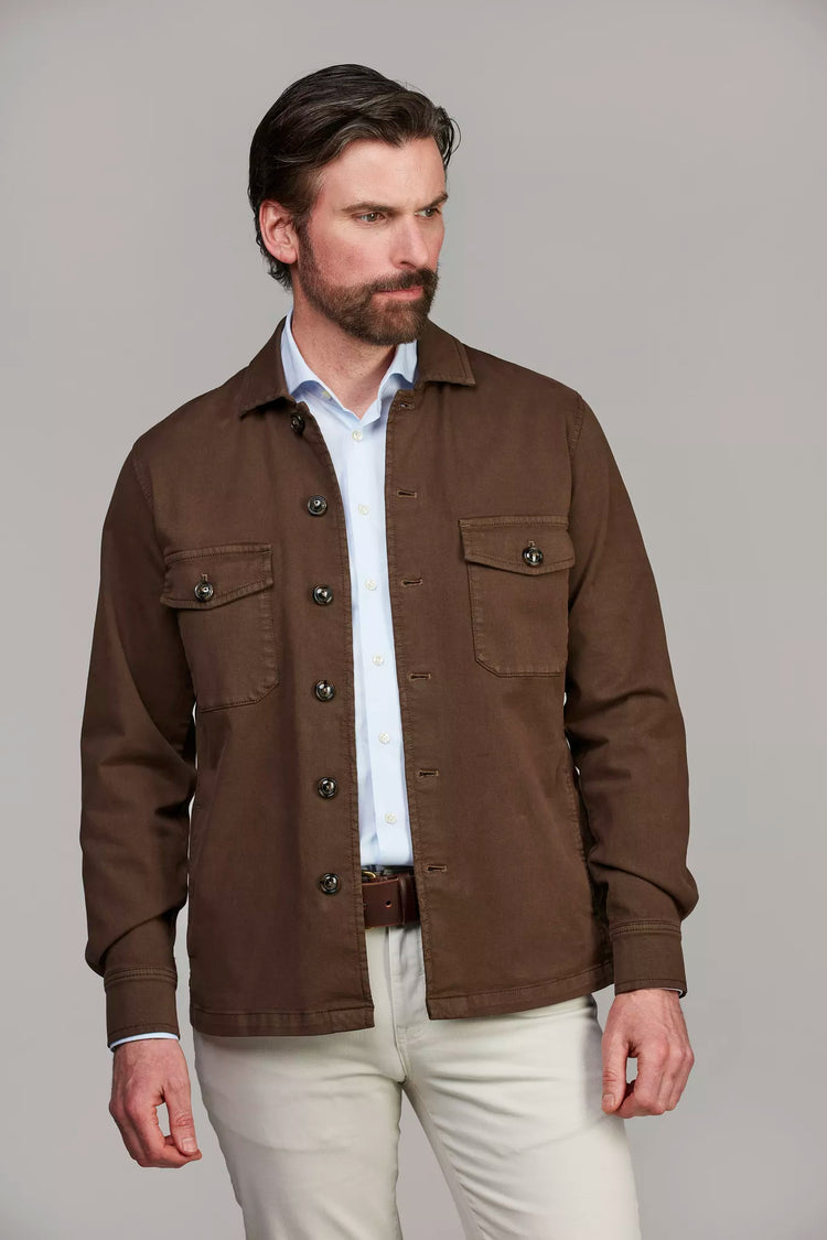 HERRINGBONE STRETCH OVERSHIRT - BROWN