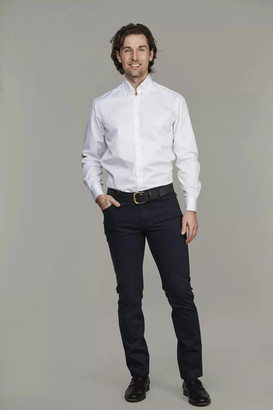 11910 5pkt silk touch okado herrbyxa marinblå, rak passform framifrån