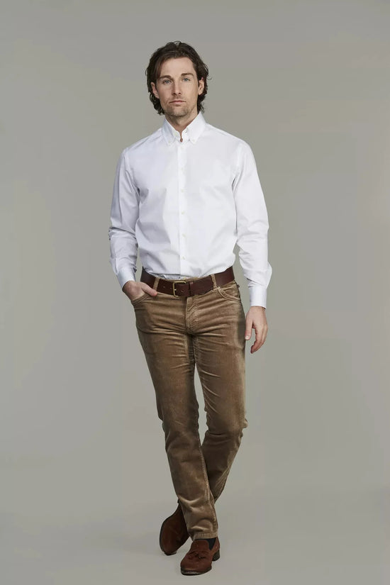 Hansen and Jacob herr byxor – beige manchesterbyxor med fem fickor på man