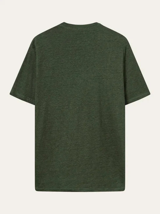 Grön linnet-shirt herr, kortärmad, enkel design, baksida, stilren och klassisk
