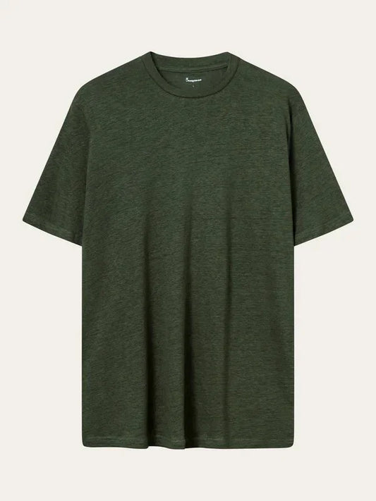 Grön linnet-shirt för herr med rund hals och korta ärmar, klassisk och enkel design.