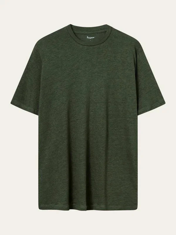 Grön linnet-shirt för herr med rund hals och korta ärmar, klassisk och enkel design.