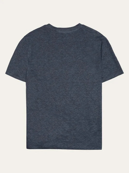 Bakre vy av blåmelerad linnet-shirt för herr, kort ärm, enkel klassisk design