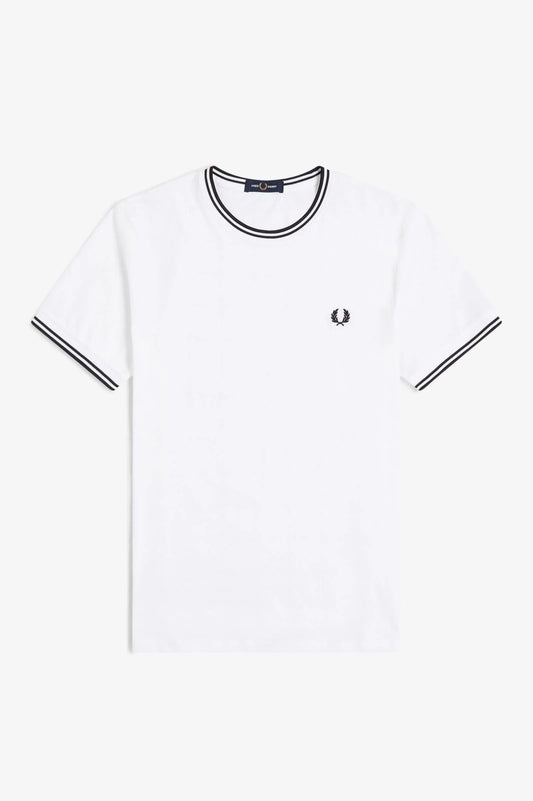 Fred Perry vit t-shirt herr med svarta ränder och broderad logotyp