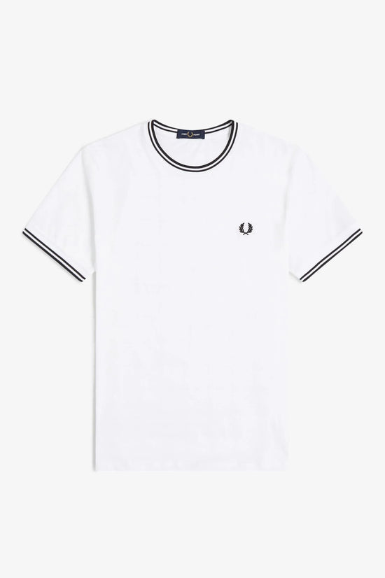 Fred Perry vit t-shirt herr med svarta ränder och broderad logotyp