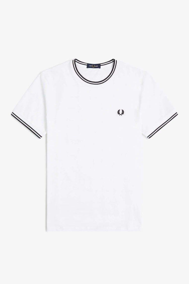 Fred Perry vit t-shirt herr med svarta ränder och broderad logotyp