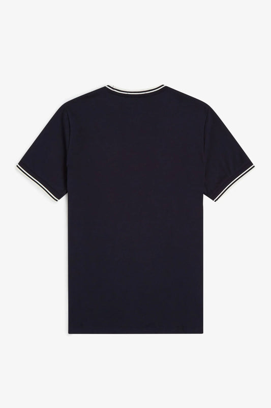 Marinblå t-shirt herr med vita ränder på ärmslut och halskant