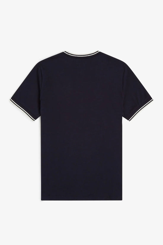 Marinblå t-shirt herr med vita ränder på ärmslut och halskant
