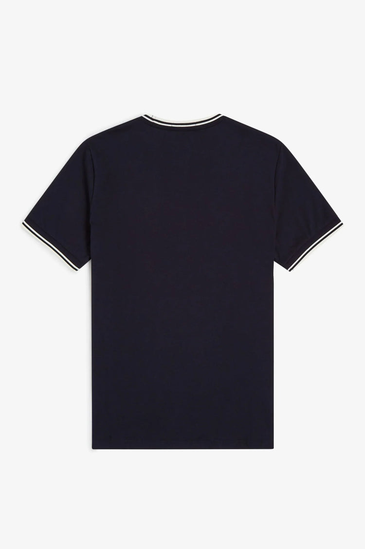 Marinblå t-shirt herr med vita ränder på ärmslut och halskant