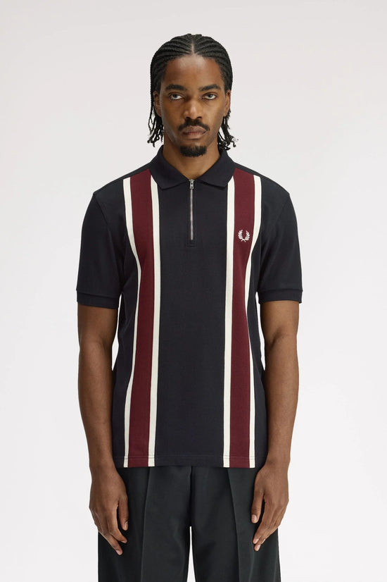 Fred Perry svart piké herr med vita och vinröda ränder, dragkedja fram