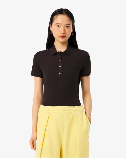 Lacoste svart pikétröja dam, kort ärm, knappslå, broderad logotyp
