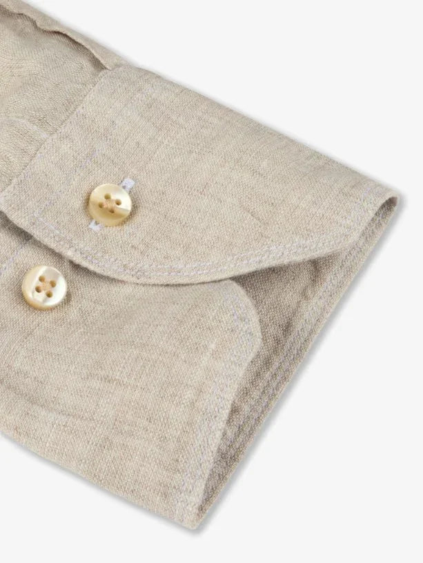 Beige linneskjorta herr långärmad med knappslå och manschett