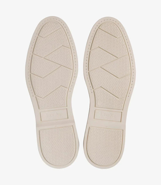 Beige gummisulor för herrskor med texturerat mönster och rakt ovanifrån vy.