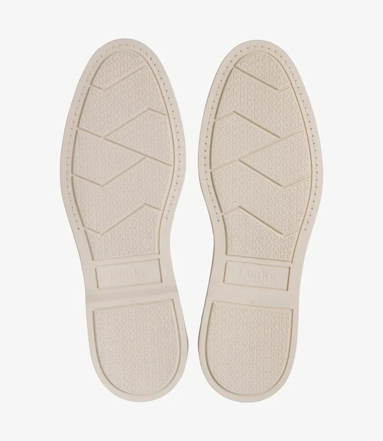 Beige gummisulor för herrskor med texturerat mönster och rakt ovanifrån vy.