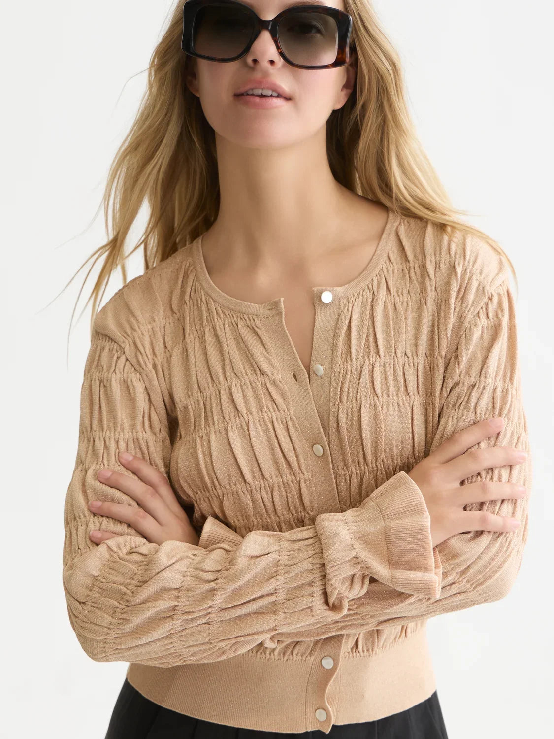 Smock stitch crew neck cardigan - Shifting Sand – bild 4