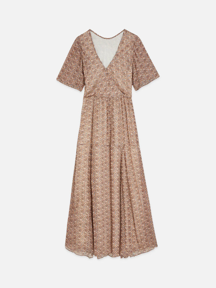 Midi klänning med mönster, kortärmad, V-ringning, beige toner