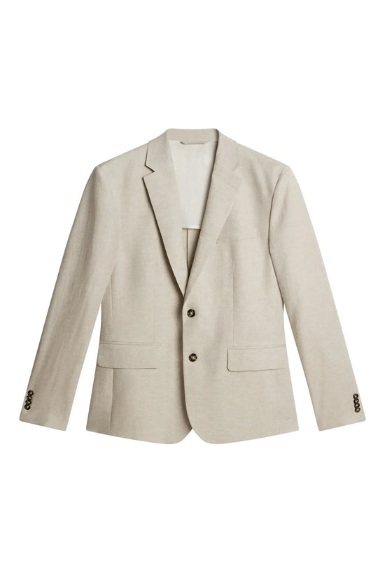 Beige linnékavaj för herr, klassiskt snitt, två knappar, modernt herrmode.